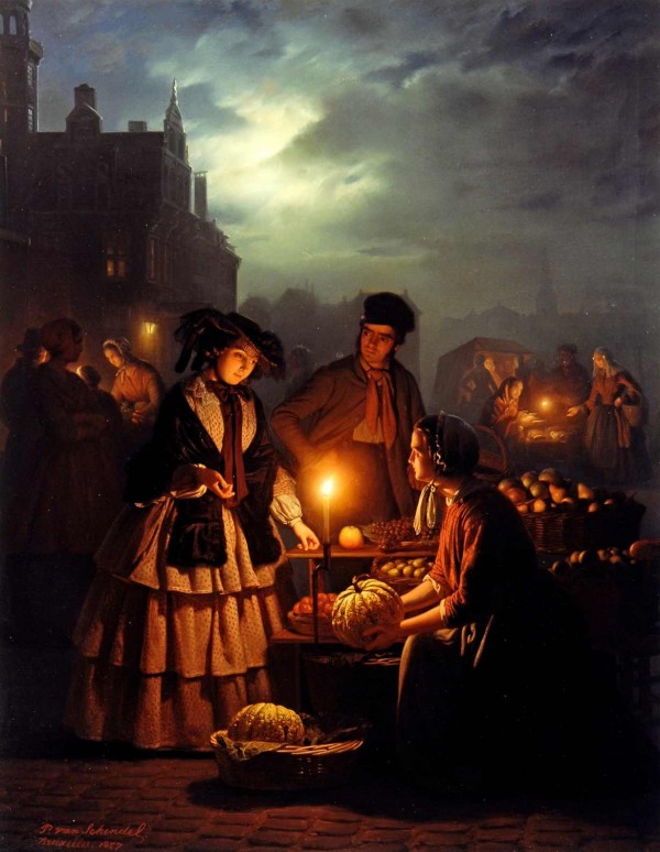 Van and Market stalls by Petrus van Schendel